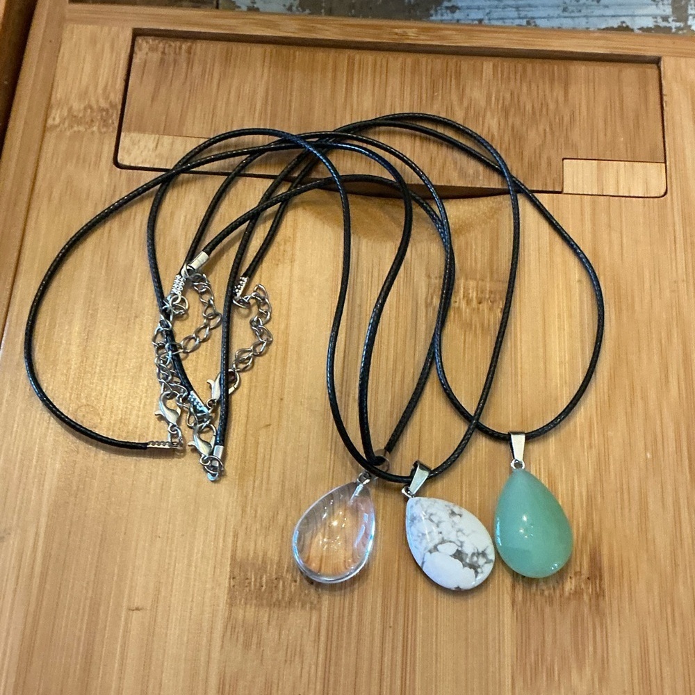 Teardrop Pendant Necklace Trio — Clear, White Marble & Mint Green